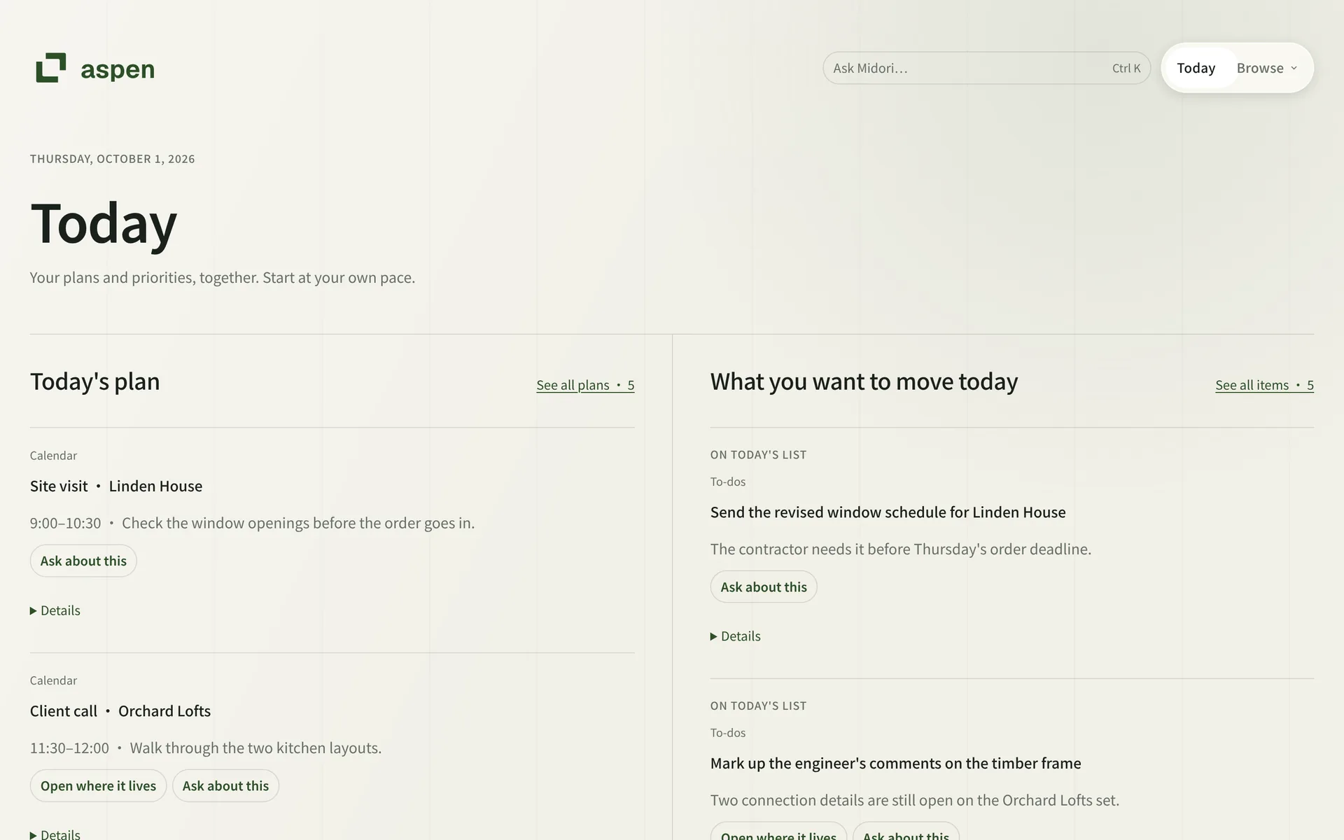 aspen daily plan with a site visit, a client call and contextual assistance.