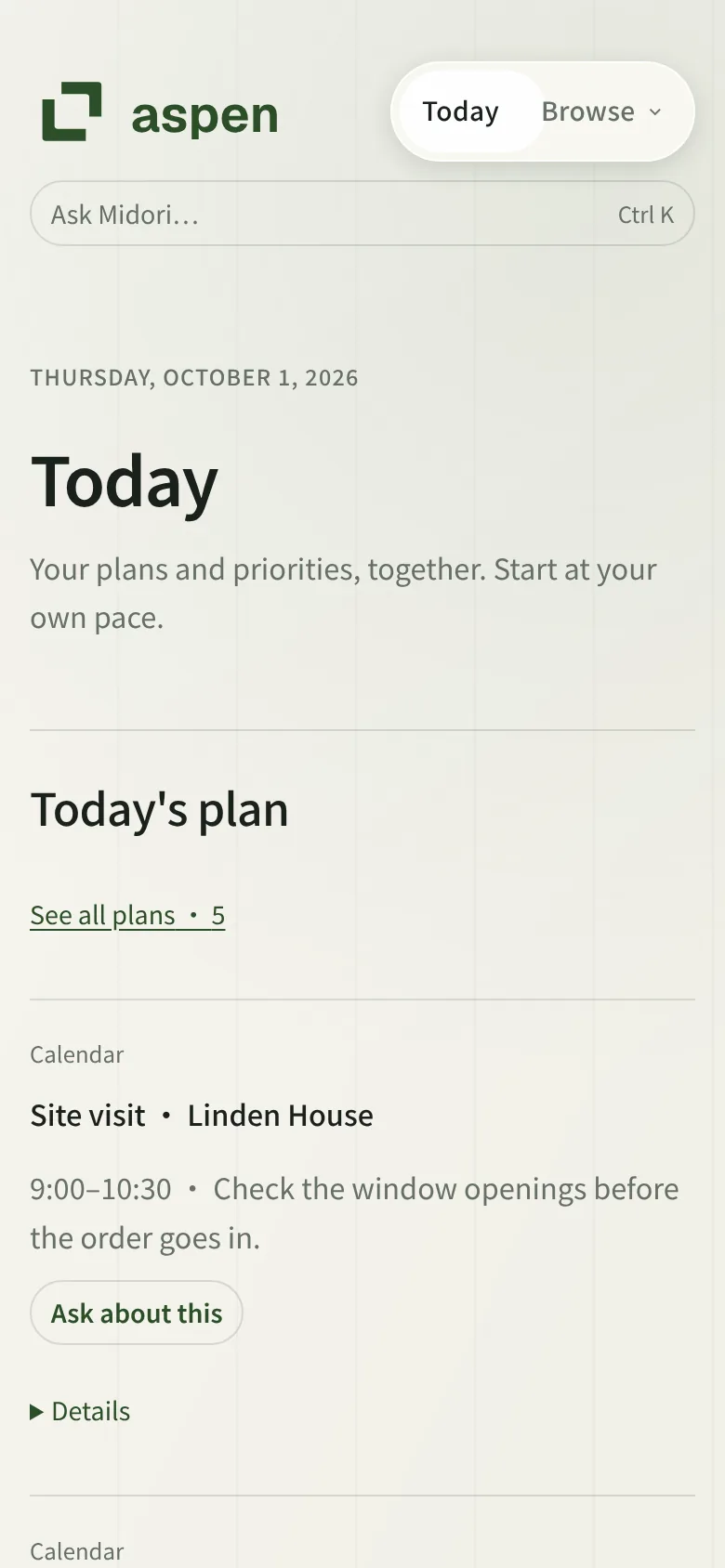 aspen Today interface with plans, priorities, sources and optional assistance. Mobile viewport.
