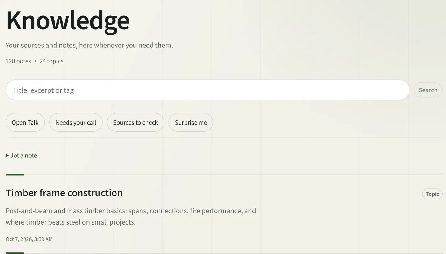 aspen Knowledge with search and a saved topic about timber frame construction.