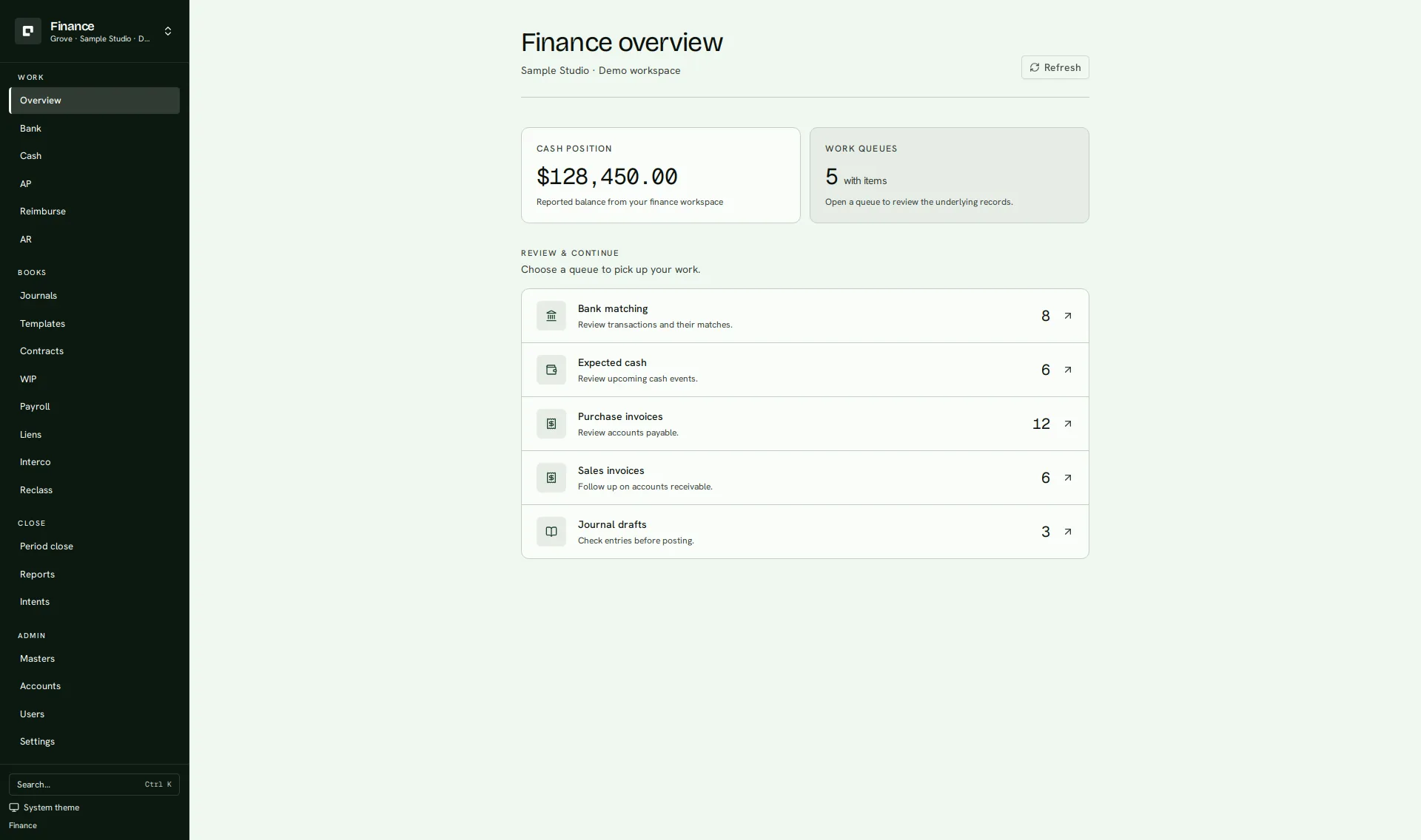 Grove Finance overview with cash balances and review queues.