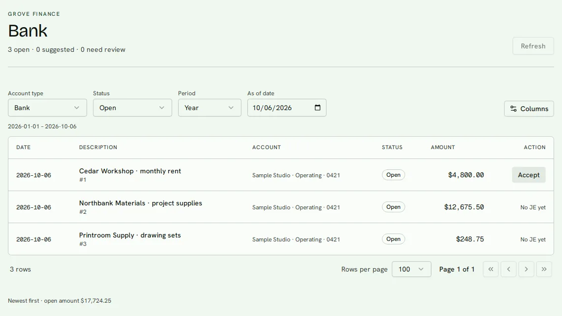Grove bank review. Transaction details and review actions in one list.