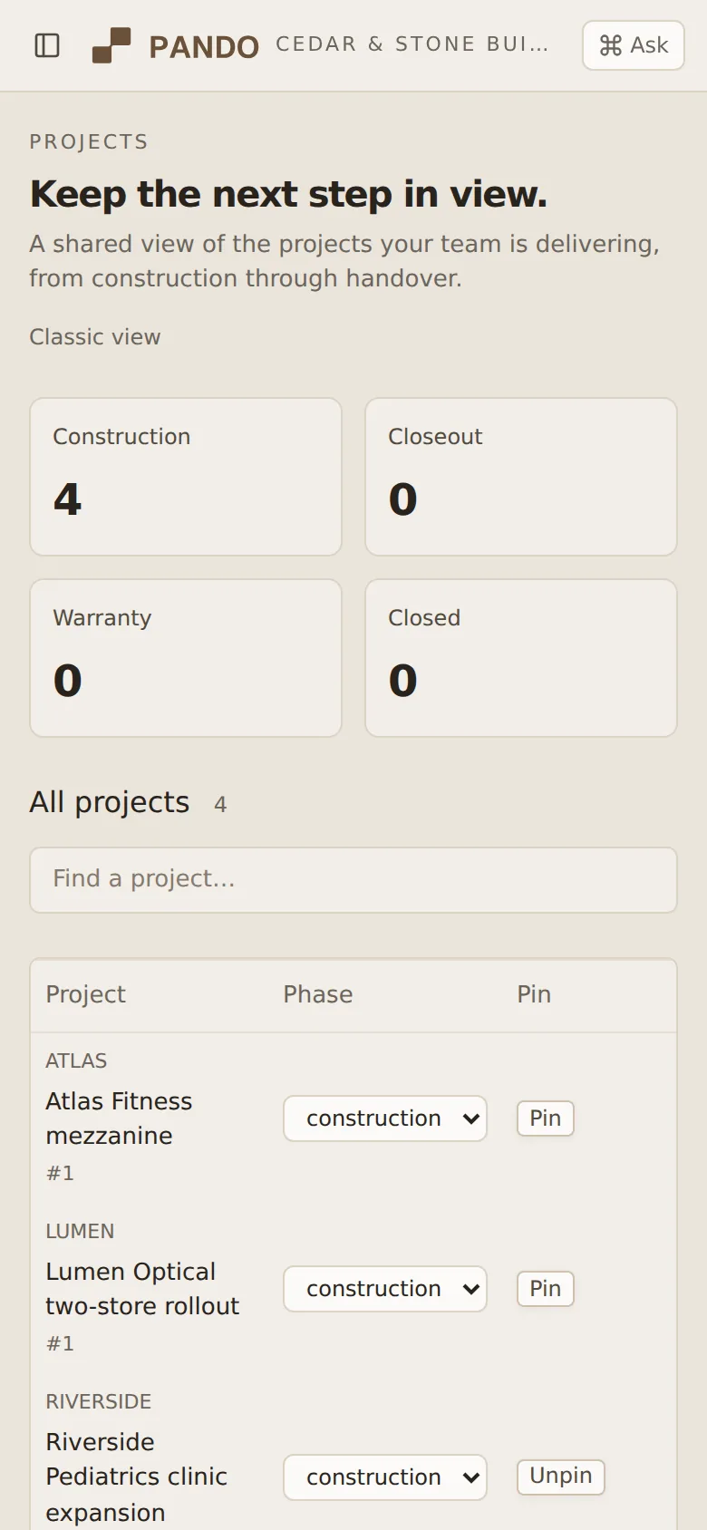 PANDO project list with project names and construction phases.