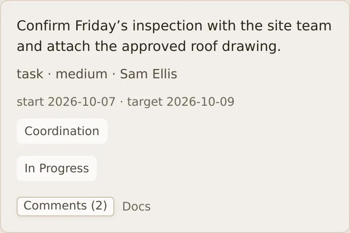 PANDO task details: roof inspection description, owner Sam Ellis, start and target dates, In Progress status and Comments.