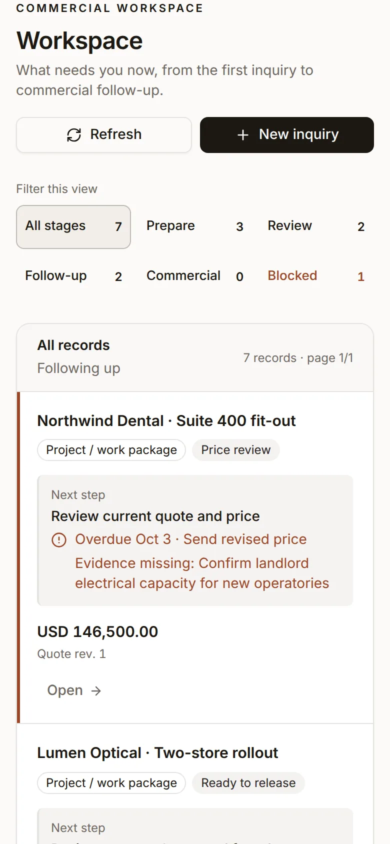 Rainmaker commercial record with its next step, quote amount and follow-up.